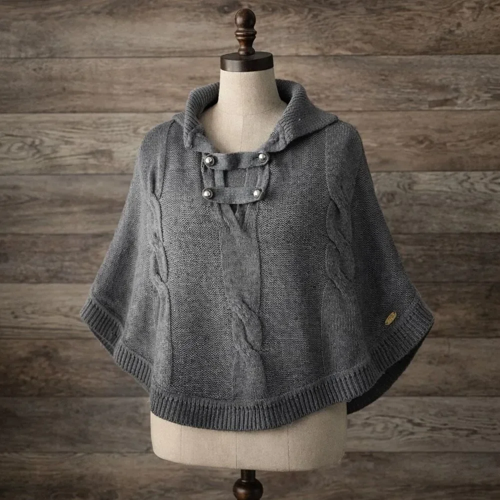 Kathy Van Zeeland Gray Cable Knit Sweater Cape Poncho One Size Cozy Fall Winters